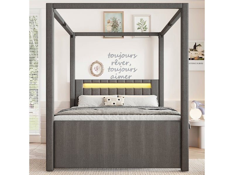  Lit à baldaquin 140x200 avec lit gigogne gris et éclairage led  - Conforama C