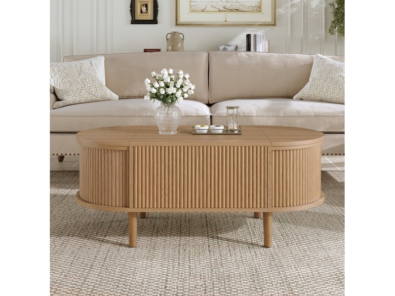  Table basse relevable ovale avec 2 rangements à couvercle, style vintage pour salon, mdf chêne, 100 × 48 × 53,5 cm  - Conforama D