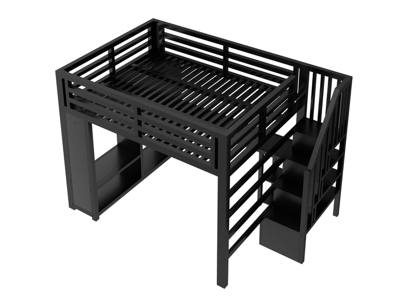  Lit mezzanine gaming 2 places 160x200 cm lit enfant lit double en métal avec bureau led ports usb armoire escalier rangements, noir  - Conforama W