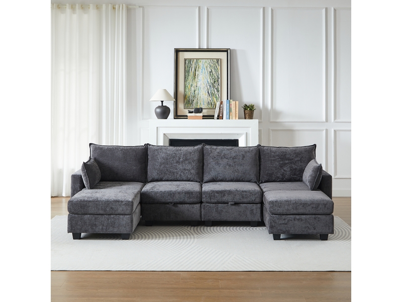 Canapé d’angle modulable convertible 6 places en chenille gris avec rangement - Conforama D