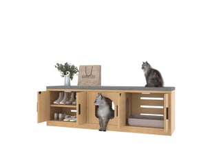 Meuble litière chat multifonction, banc d'entrée avec cache litière en chêne 140 cm, étagères réglables, aération et griffoir