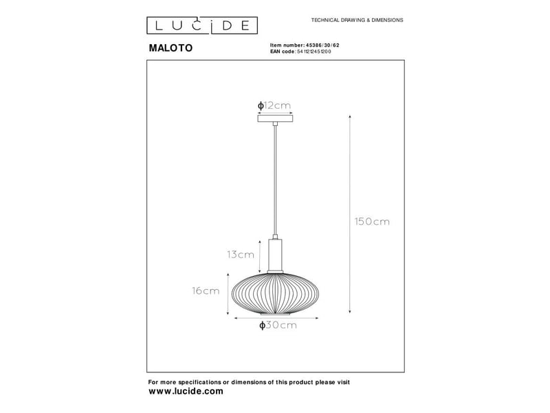 Suspension diam. 30 cm 1xe27 40 w dimmable ambre - lucide - maloto  - Conforama E