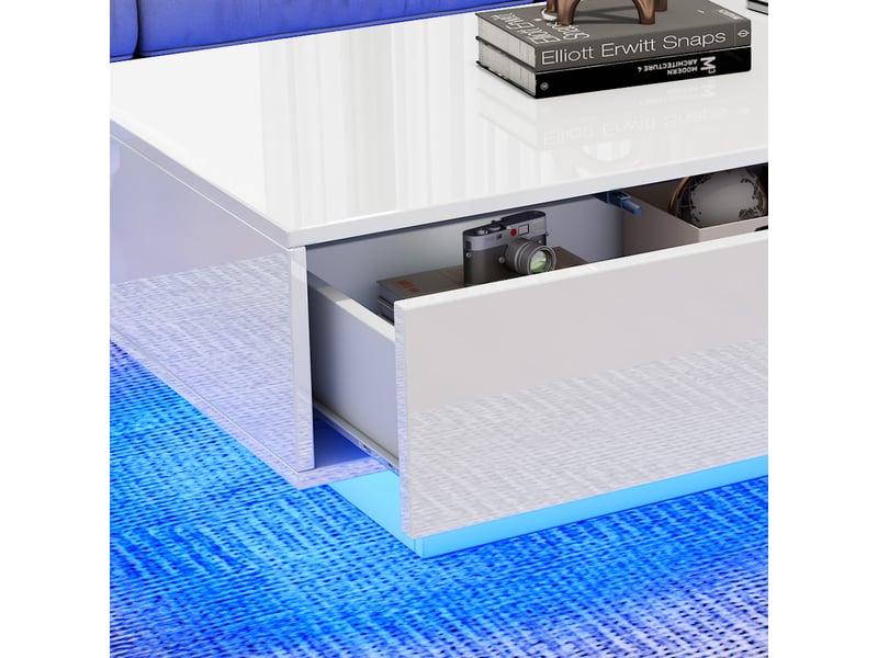  Table basse avec 2 tiroirs et éclairage led pour salon 115×55×34 cm en panneaux de particules blanc  - Conforama D