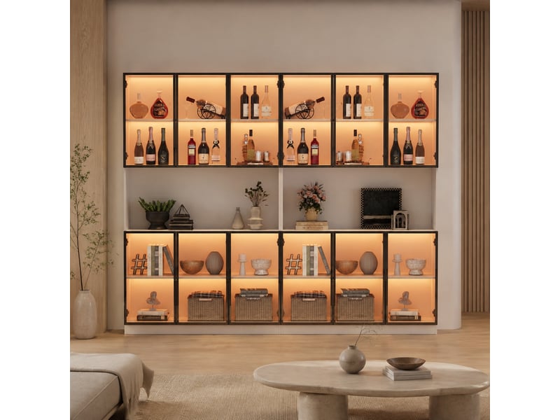 Vitrine avec 12 portes vitrées et led réglable à fermeture douce, pour salon, en mdf blanc, 240 × 34 × 200 cm - Conforama D