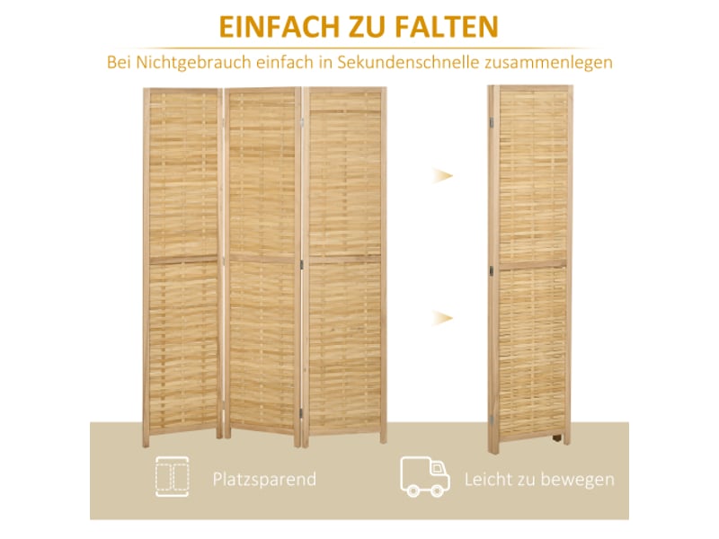  Paravent 3 panneaux pliable en bambou naturel 120x170 cm, séparateur de pièce et brise-vue  - Conforama C