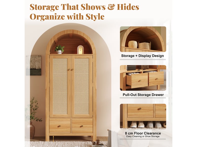  Armoire dressing 78x45x181 cm avec 2 portes effet rotin, penderie, 2 tiroirs, niche arquée ouverte, fermeture magnétique, mdf effet chêne  - Conforama E