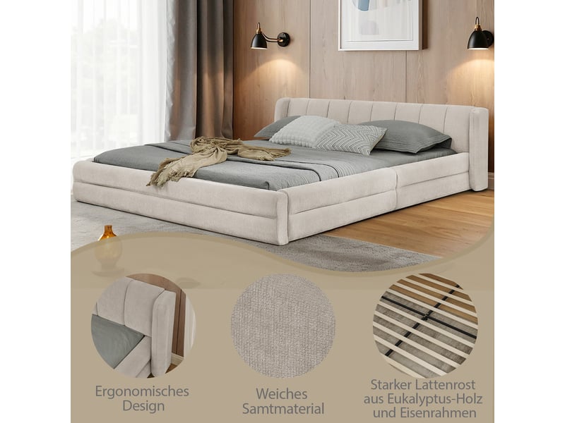  Lit double 160x200 cm en tissu chenille beige, tête de lit confortable et structure métal-bois, sans matelas  - Conforama C