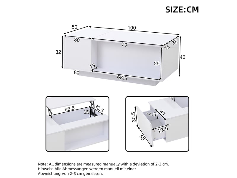  Table basse relevable avec 1 tiroir, niche de rangement, led et plateau laqué pour salon, 100 × 50 × 40 cm  - Conforama D