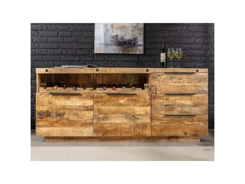  Buffet loden 175 cm en bois massif de manguier verni – 2 portes, 3 tiroirs et niche à bouteilles  - Conforama D