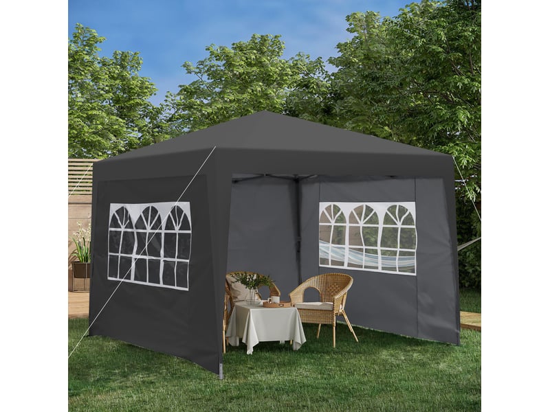  Pavillon pliant de jardin 3 x 3 m noir en acier, 4 parois latérales avec fenêtres et 4 sacs de lestage  - Conforama D