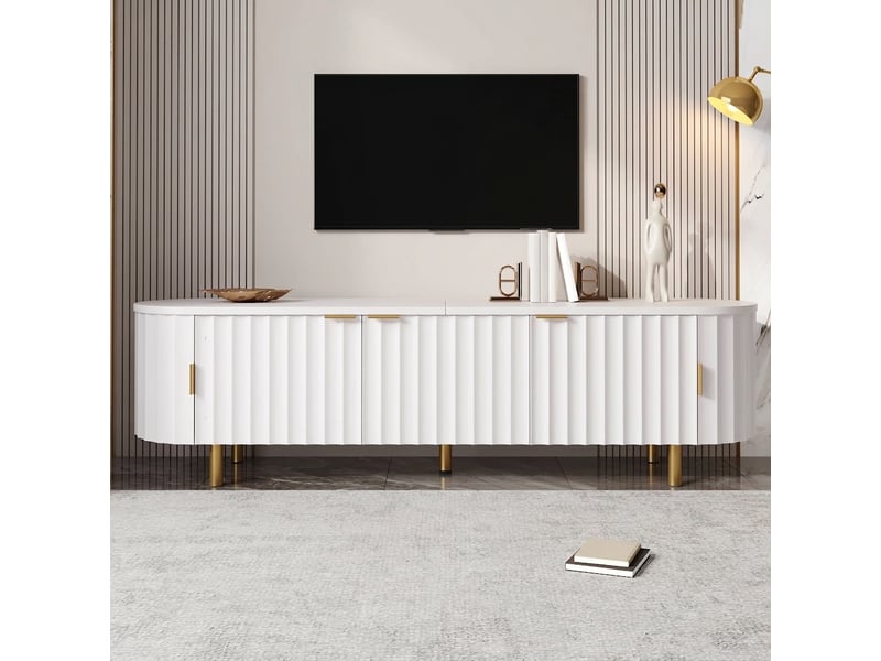  Meuble tv blanc 170 cm en mdf avec 5 portes à façade nervurée et bords arrondis  - Conforama B