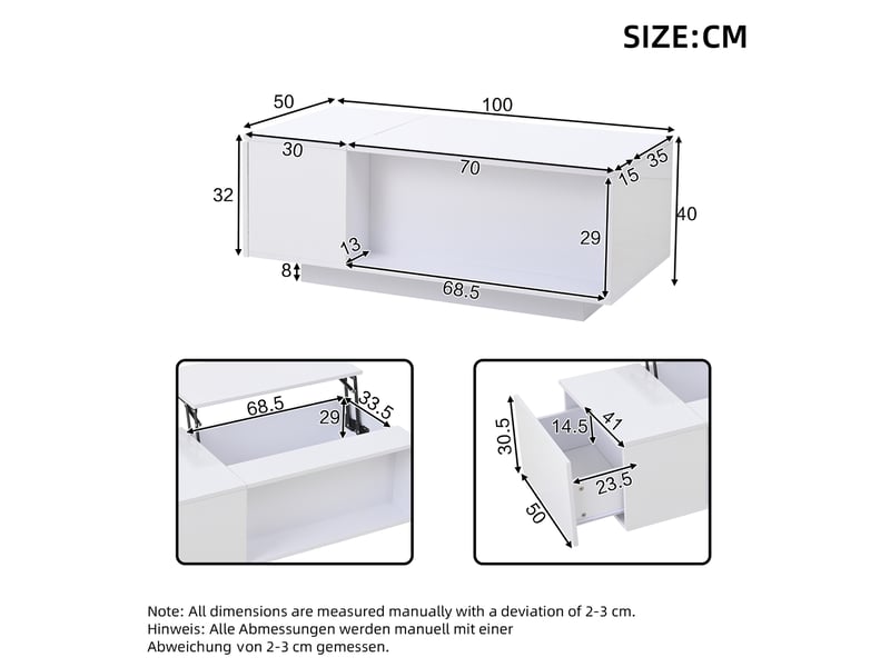 Table basse relevable avec 1 tiroir et rangement caché, led, plateau semi-ouvert, pour salon, blanc, 100 x 50 x 40 cm - Conforama E