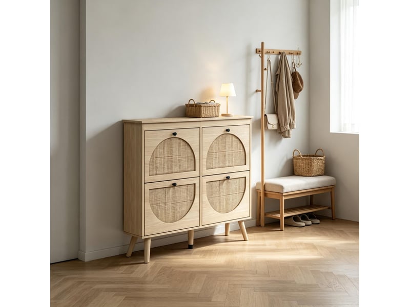  Meuble à chaussures bohème 20 paires, 4 abattants en décor tressé, 105 cm, idéal pour une entrée compacte  - Conforama B