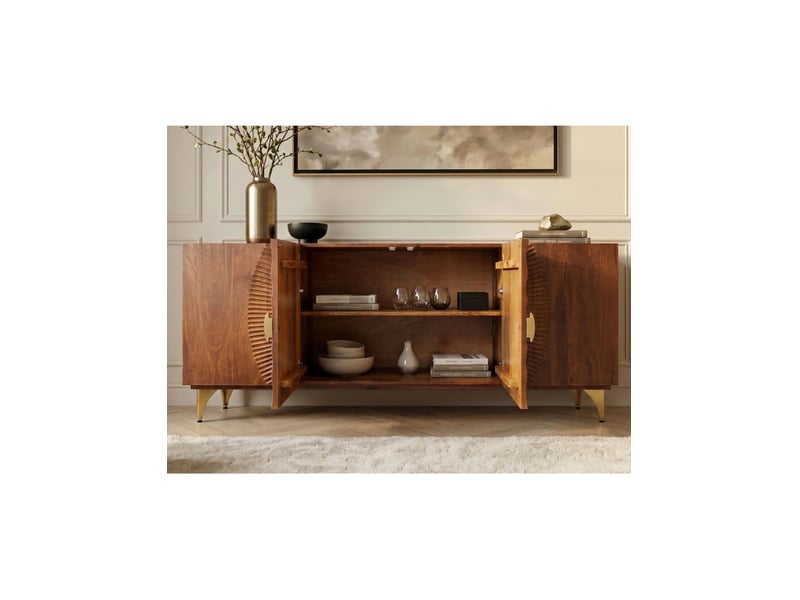  Buffet solaris 177 cm en bois massif de manguier – 4 portes sculptées motif solaire et pieds dorés  - Conforama E