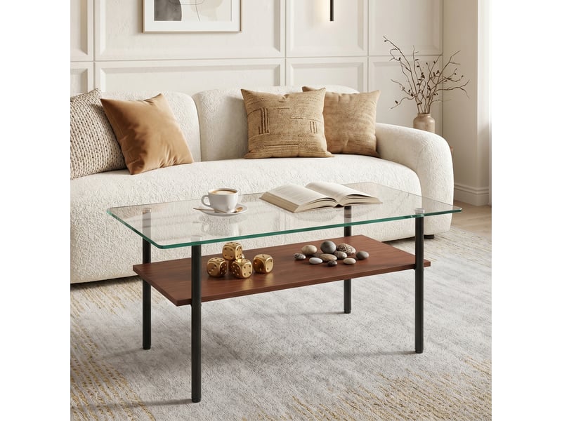  Table basse avec plateau en verre, étagère de rangement en mdf et structure en métal noir, pour salon, 98 × 58 × 45 cm  - Conforama B