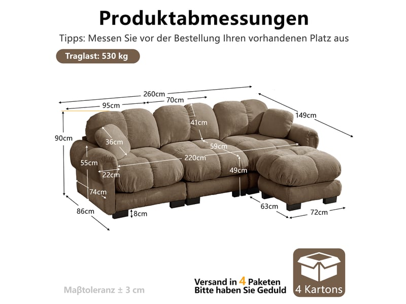Canapé d'angle 3 places en tissu marron avec ottomane mobile et 2 coussins, design matelassé pour salon - Conforama C