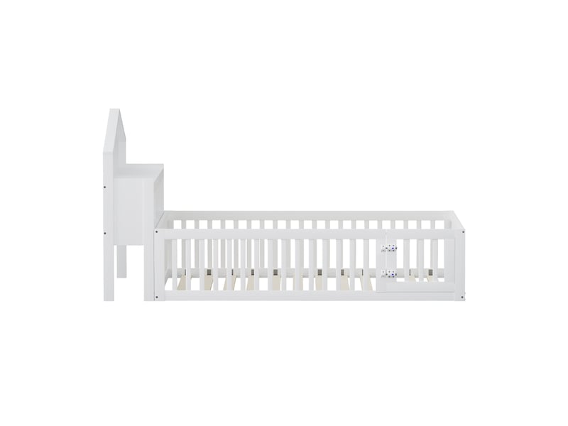  Lit enfant 140x200 cm avec étagère, tableau noir, garde-corps et sommier, forme de maison, bois blanc, sans matelas  - Conforama R