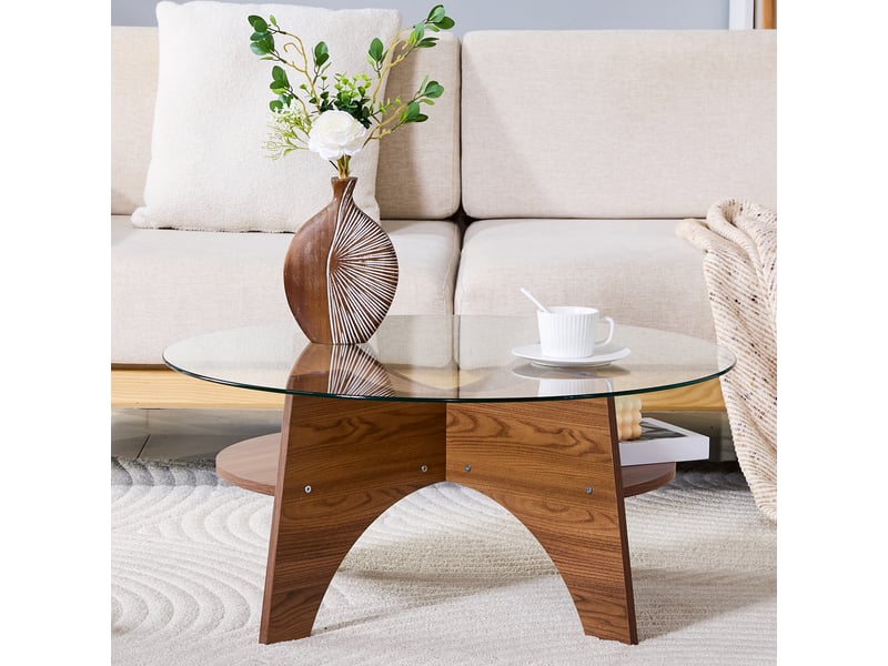  Table basse fixe ronde pour salon en verre de sécurité et mdf, diamètre 80 cm, transparente noyer  - Conforama C