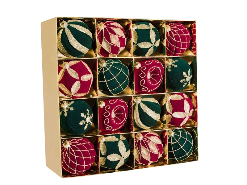  Lot de 16 boules de noël velours bordeaux foncé + vert foncé, 8cm – paillettes dorées, décoration pour sapin et fêtes  - Conforama A