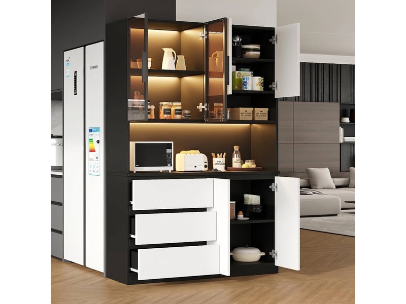  Buffet de cuisine haut 120x40x180 cm avec led, 6 portes, 3 tiroirs et espace micro-ondes  - Conforama B