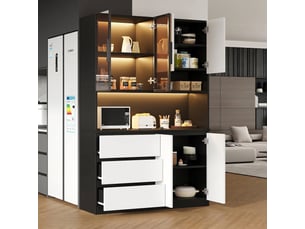 Buffet de cuisine haut 120x40x180 cm avec led, 6 portes, 3 tiroirs et espace micro-ondes