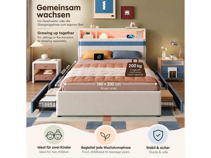 Lit coffre 140x200 cm avec 4 tiroirs, velours blanc, led, prise usb, poches latérales et tête de lit fonctionnelle - bleu - Conforama E