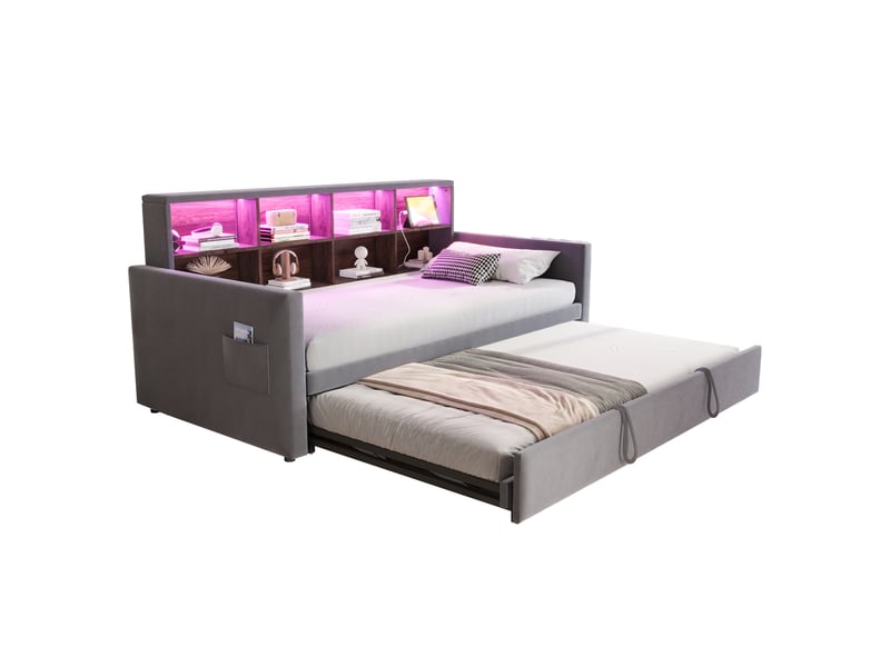 Lit banquette extensible 90180 x 190 cm gris foncé en velours avec tête de lit rangement, led, prises usb type-c et poches latérales - Conforama A