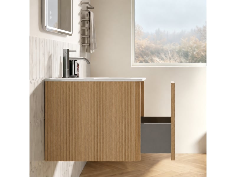  Ensemble meuble vasque suspendu 60 cm avec miroir led, finition chêne  - Conforama E