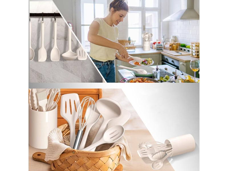  Set de 12 ustensiles de cuisine en silicone kaki avec support chicfurn  - Conforama D