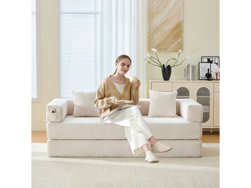 Canapé modulable en blocs chenille – canapé convertible, assise profonde, poches latérales, coussins inclus, tissu chenille doux, base antidérapante, beige - Conforama E