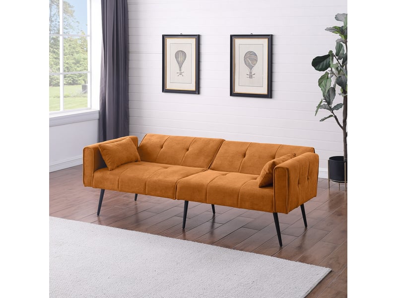  Canapé futon convertible 175x71x71 cm 2 places, 8 pieds robustes en métal et accoudoirs, revêtement tissu côtelé orange  - Conforama E
