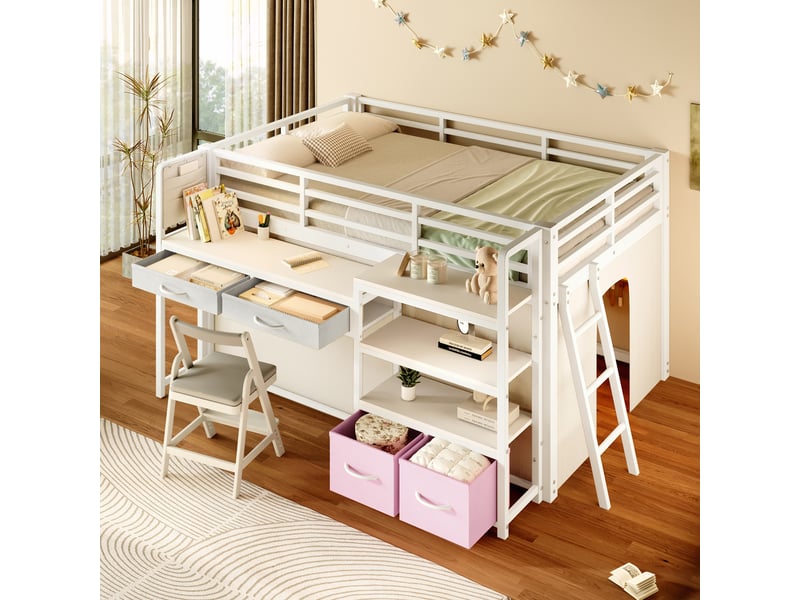  Lit mezzanine métal 140x200 cm - avec bureau et 4 tiroirs - étagères et éclairage led - barrières de sécurité - blanc(sans matelas)  - Conforama D