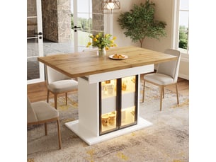 Table à manger extensible 110-140x80x77,9 cm avec rangement et éclairage led rgb, portes coulissantes en verre, poignées invisibles, mdf, blanc