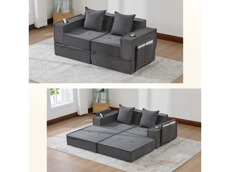  Canapé convertible, canapé-lit – avec pouf, 2 places, avec rangement, en tissu, porte-gobelets  - Conforama C