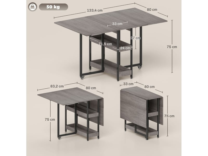 Table à manger pliante mobile 133,4x80x75 cm grise avec 2 étagères - Conforama C