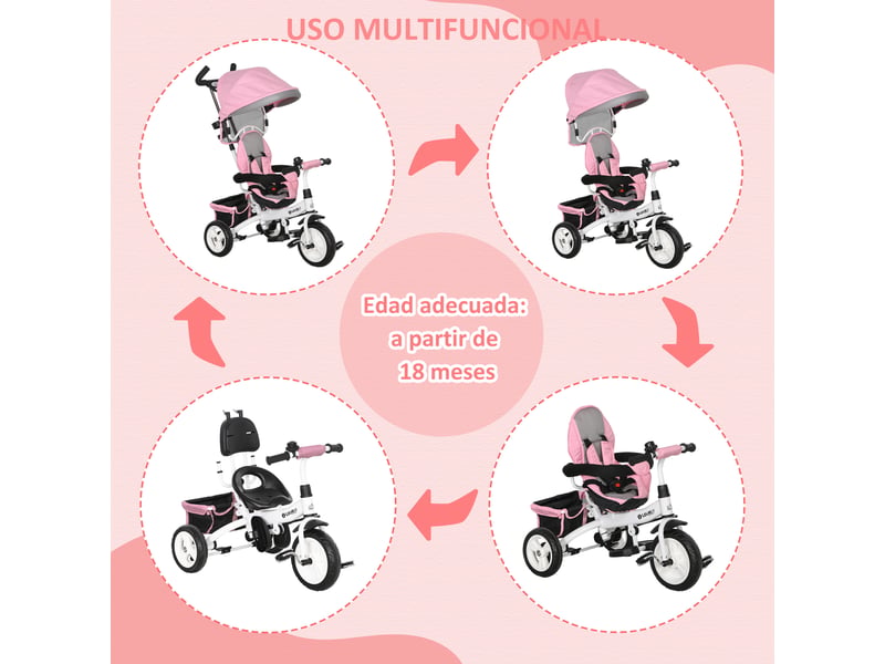  Tricycle évolutif pour enfants de plus de 12 mois avec capote pliable, poignée télescopique et ceinture de sécurité - rose  - Conforama E