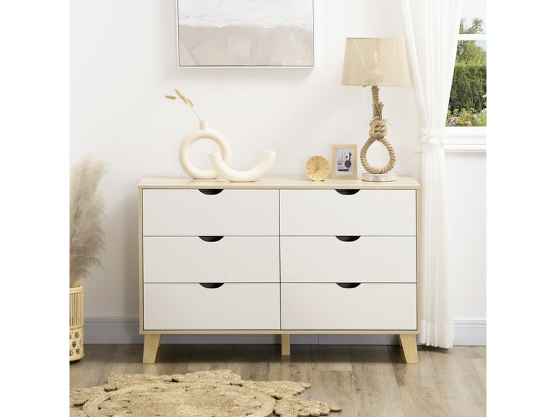  Commode 6 tiroirs style scandinave, chêne et beige, meuble de rangement - dim. 120l x 40p x 76h cm  - Conforama W