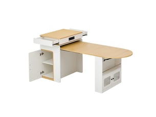 Îlot de cuisine extensible 55-194 x 80 x 95,5 cm, prises, led, portes vitrées, tiroir et roulettes, blanc, en mdf