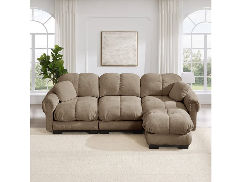 Canapé 3 places en l 260x149x90 cm, matelassée, 2 coussins déco, pouf déplaçable, tissu en chenille, marron - Conforama E