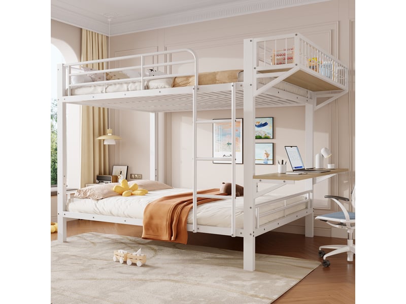 Lit superposé 140x200cm avec bureau, compartiment de rangement ouvert, garde-corps et échelle, couchage sans matelas, structure en métal blanc evarich - Conforama E