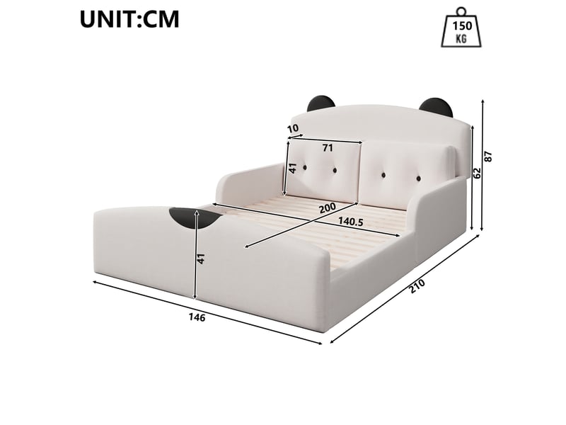  Lit plateforme 140 x 200 cm blanc en lin avec tête de lit ours et 2 coussins décoratifs  - Conforama E