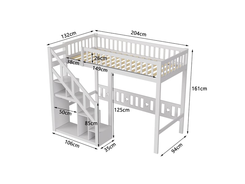 Lit mezzanine enfant pin 90x200, lit adulte loft avec échelle de rangement armoire étagères et sommiers à latte, barrière de sécurité, escalier rangement intégré, pin massif, lit superposé avec placard de rangement, protection … - Conforama R