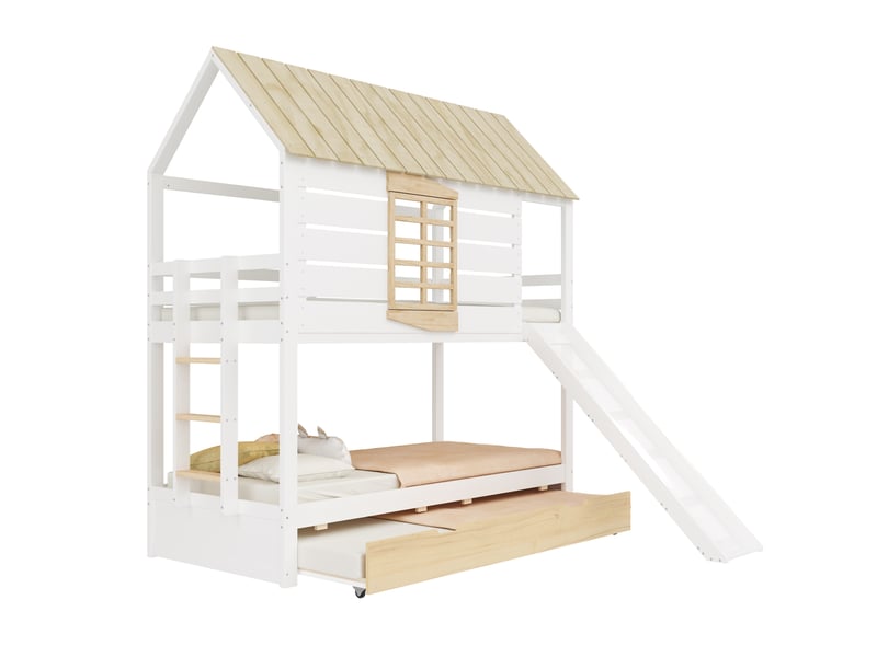 Lit superposé 90x200 cm avec toboggan et lit gigogne, maison, en bois, blanc et naturel  - Conforama A