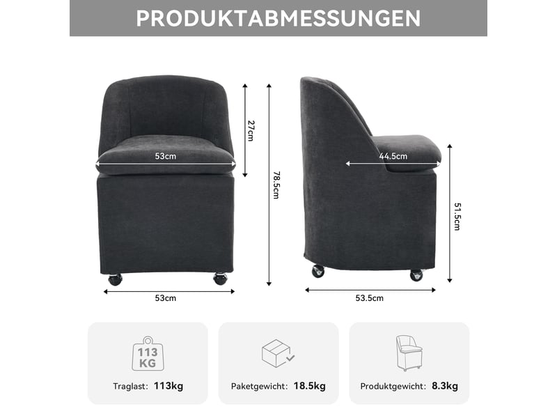  Chaise de salle à manger lot de 2 pivotante à roulettes  - housse amovible, chenille gris, 53 × 53,5 × 78,5 cm  - Conforama D