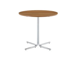 Table d'appoint ronde en noyer et mdf, piètement métal chromé à 3 pieds, design minimaliste salon & salle à manger