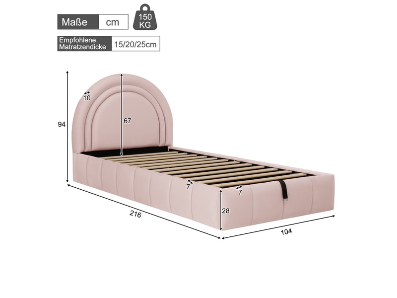  Lit coffre capitonné 90 x 200 cm, réglable hydraulique, sommier à lattes, tête capitonnée velours, rose  - Conforama E