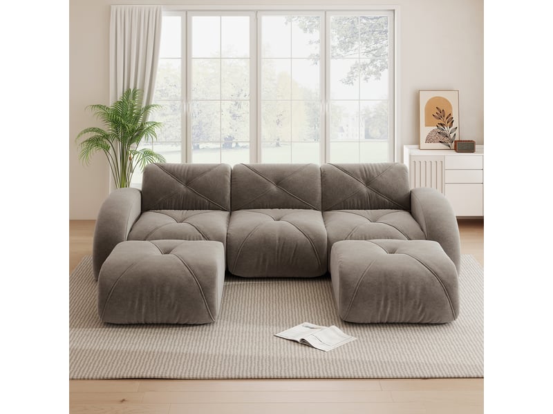 Canapé panoramique en u modulaire avec assises en mousse et 2 poufs, pour salon, en chenille taupe - Conforama C