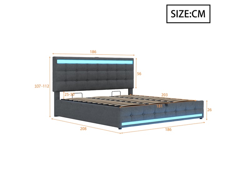  Lit capitonné 180x200 cm en lin gris, rangement hydraulique, led et usb, avec sommier  - Conforama B