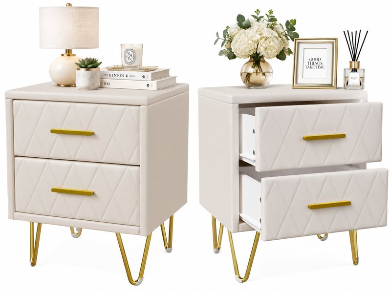  Lot de 2 tables de chevet,2 tiroirs, moderne table de nuit chambre pu, commode chambre,armoire de chevet,beige  - Conforama A
