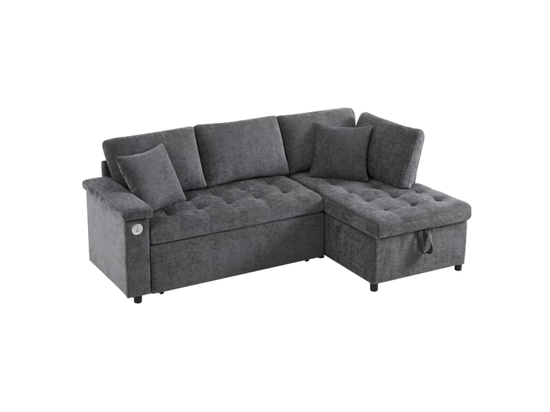  Canapé d'angle droit modenvie convertible 209 x 130 cm chenille gris foncé rangement usb  - Conforama A